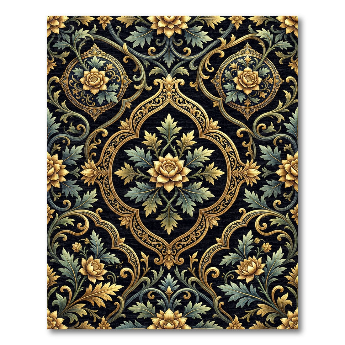 Gilded Black Floral Damask Scrollwork Rug