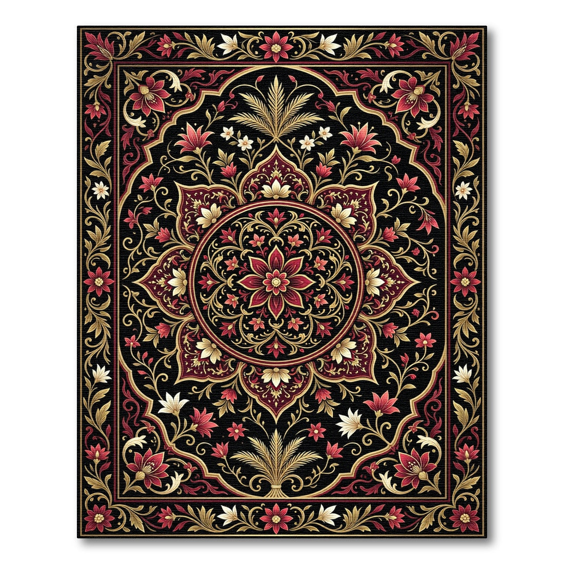 Intricate Crimson Gold Floral Medallion Rug