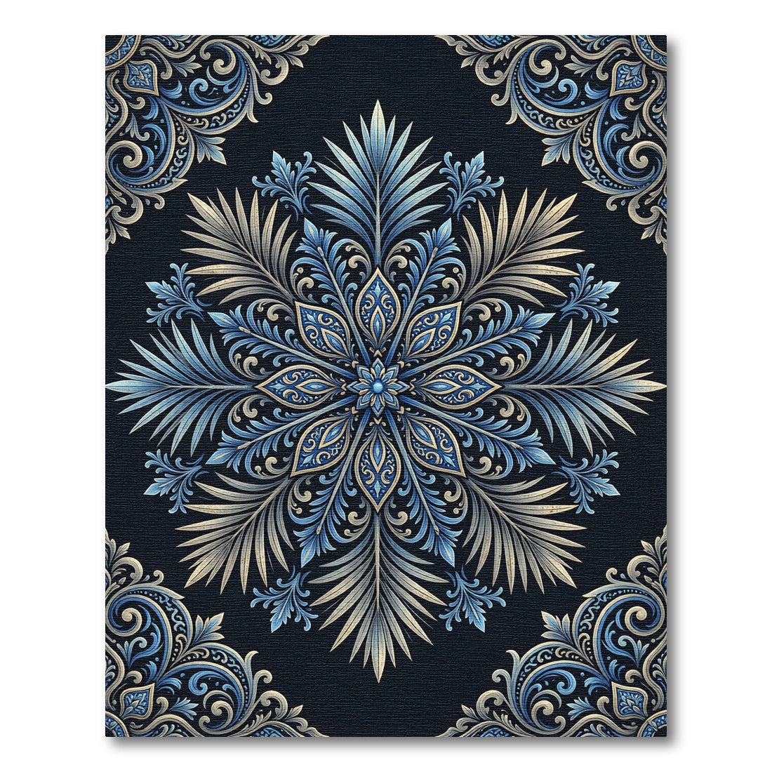 Sophisticated Navy Blue Ornate Floral Medallion Rug