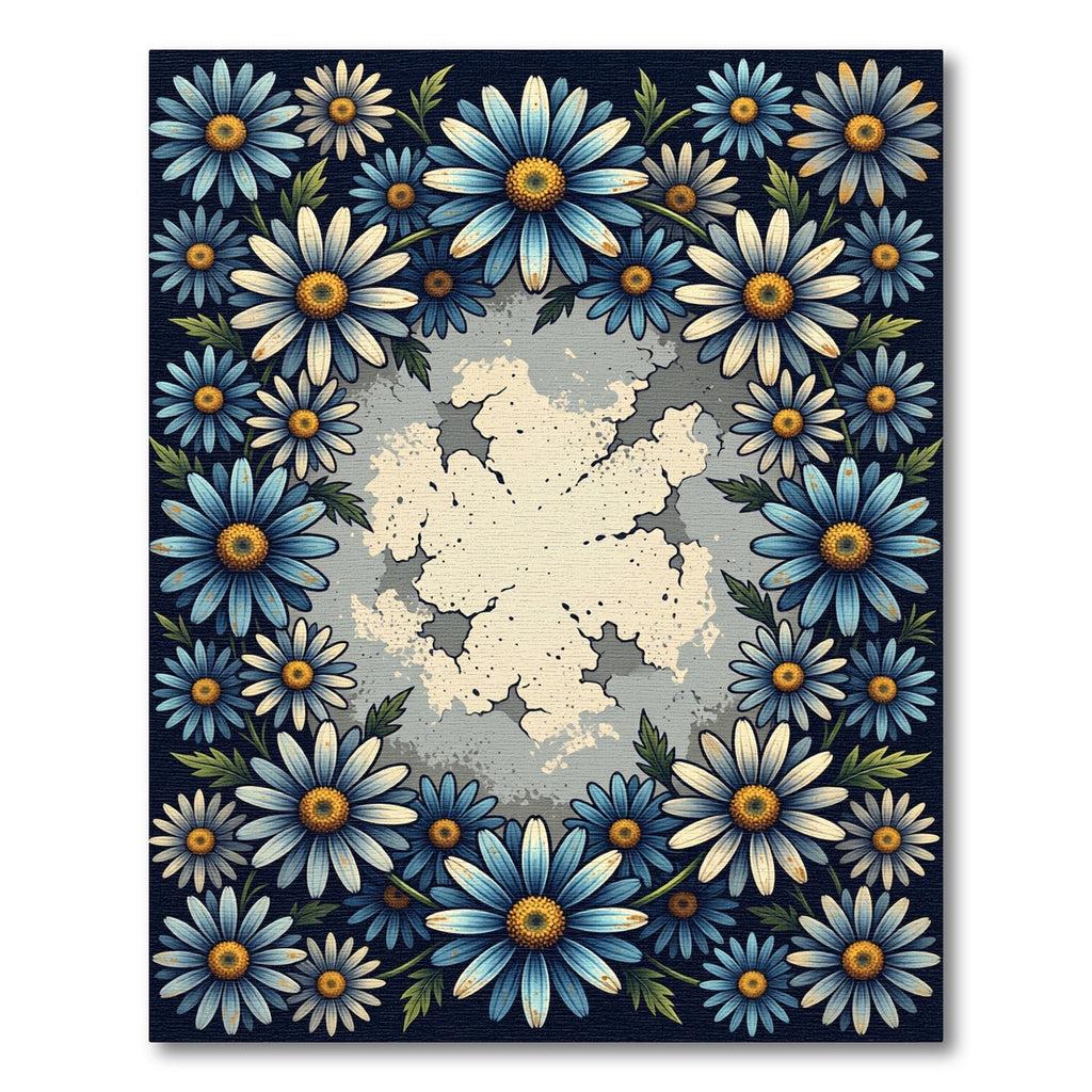 Blue Daisy Floral Botanical Border Rug