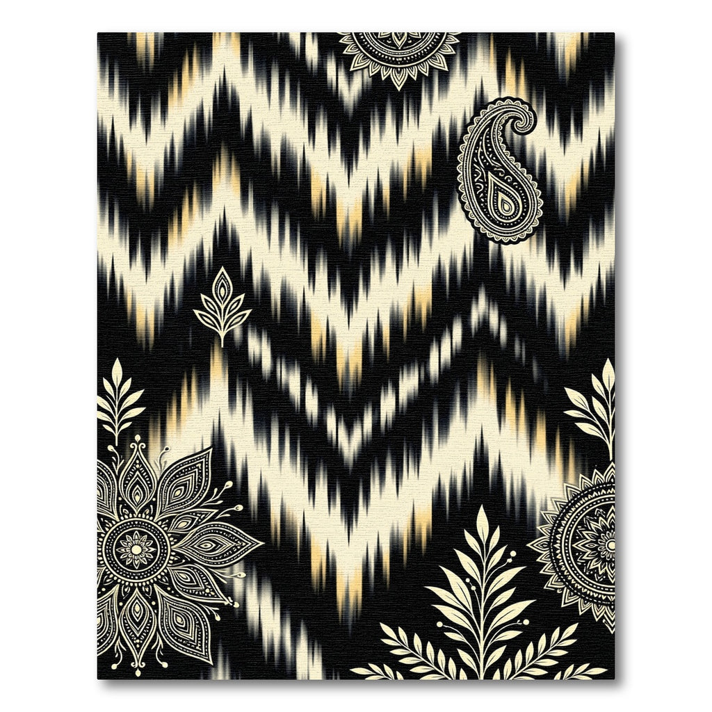 Cream Black Chevron Paisley Mandala Rug