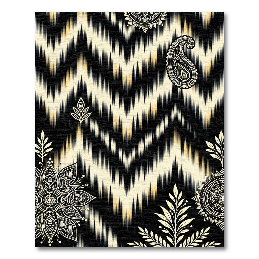 Cream Black Chevron Paisley Mandala Rug