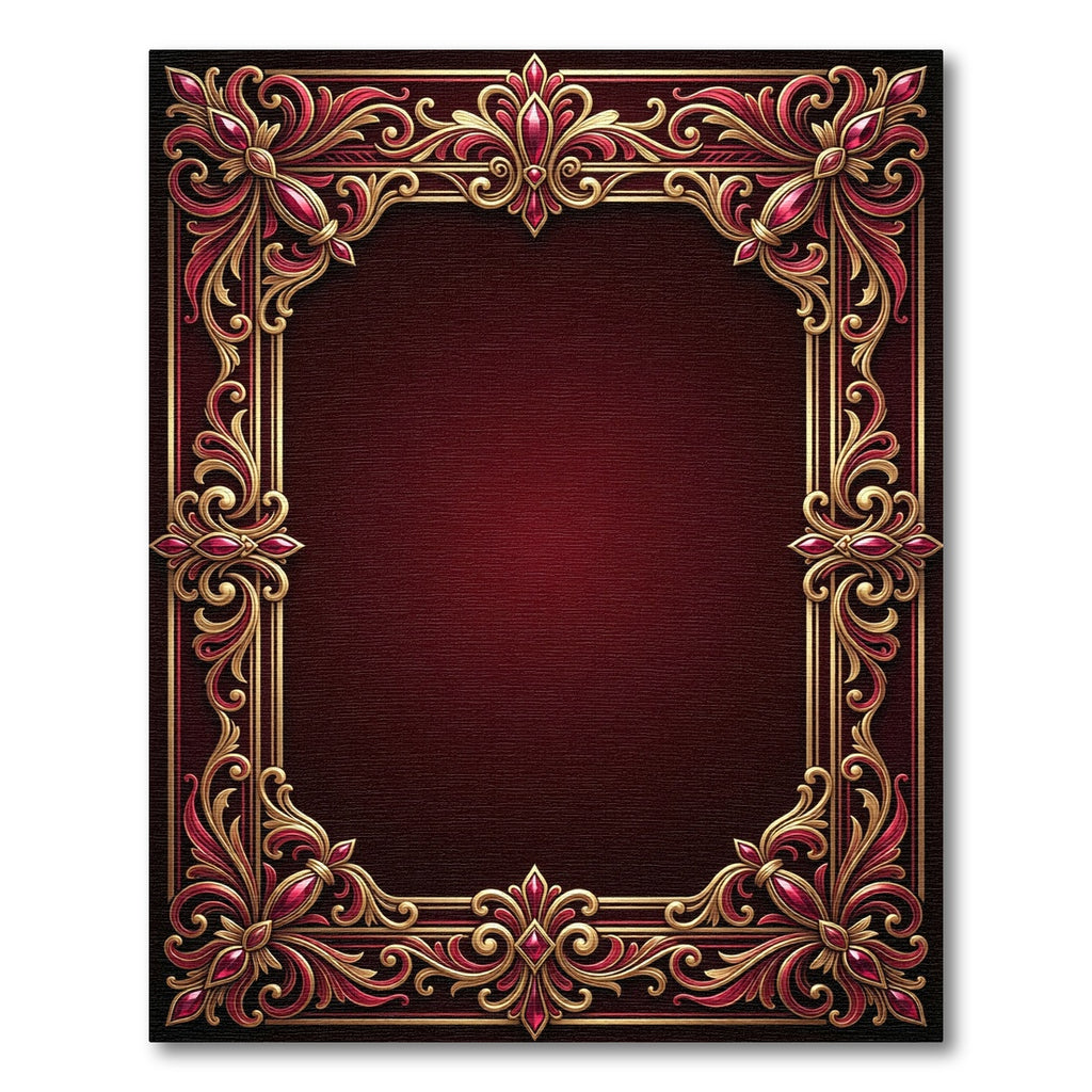 Ornate Crimson Gold Filigree Frame Rug