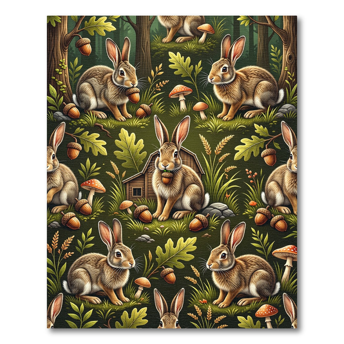Woodland Animal Forest Rabbits Acorns Mushrooms Rug