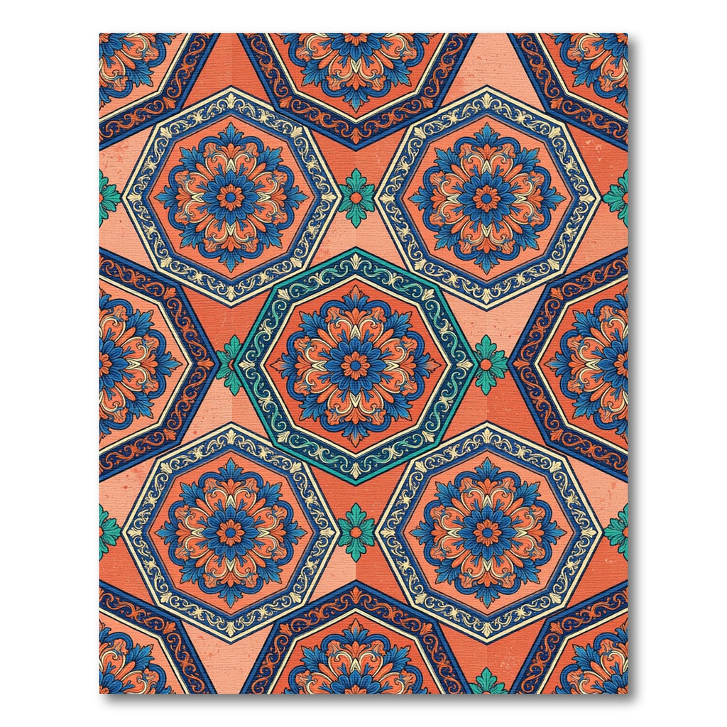 Orange Blue Floral Medallion Octagonal Rug