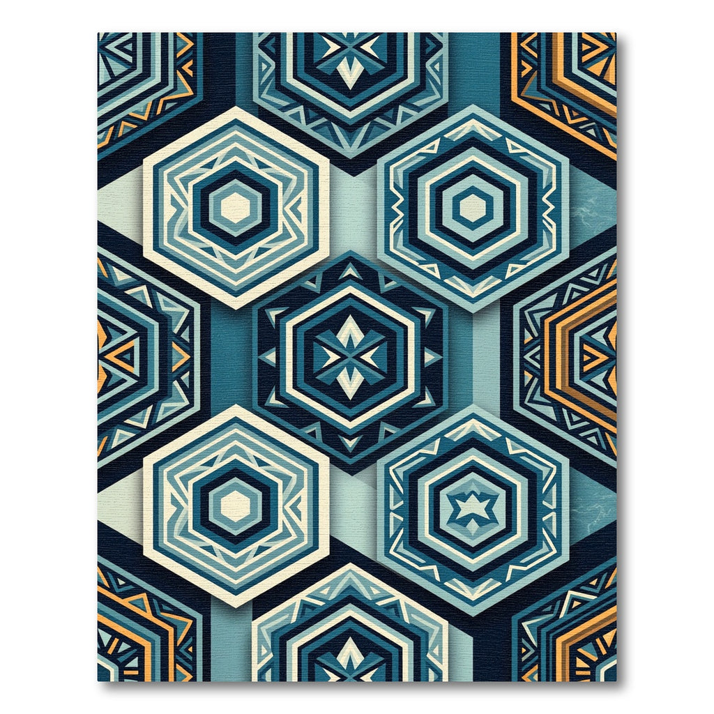 Geometric Teal Amber Hexagonal Arrangement Rug