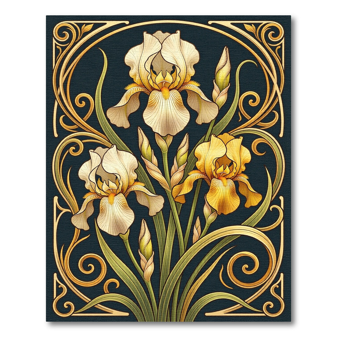 Art Nouveau Golden Iris Floral Scroll Rug