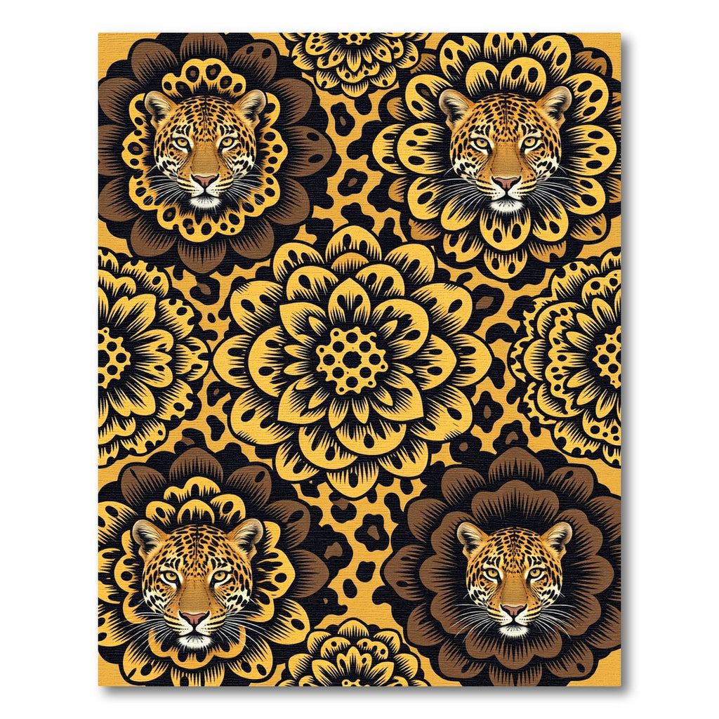 Bold Golden Leopard Floral Medallion Rug