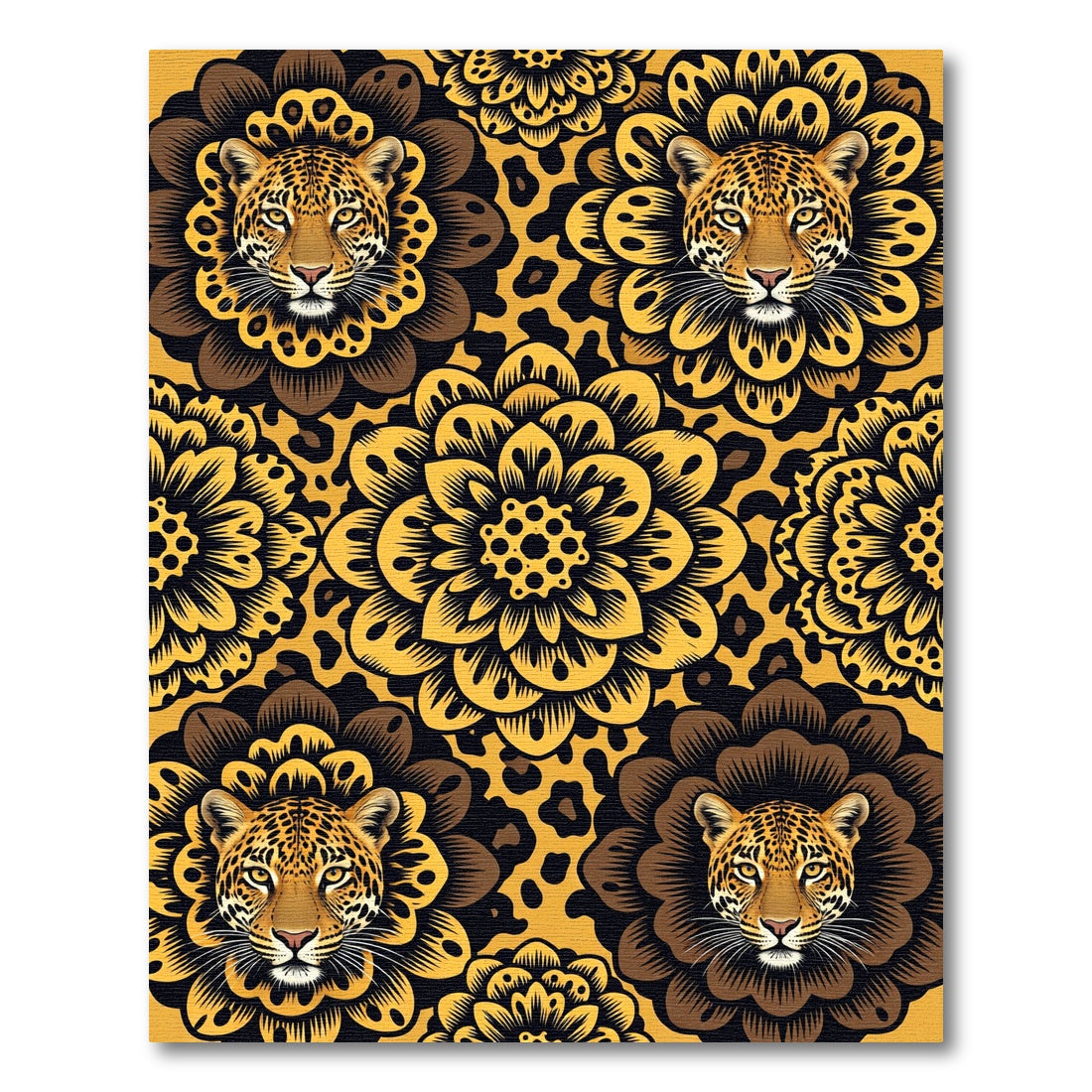 Bold Golden Leopard Floral Medallion Rug