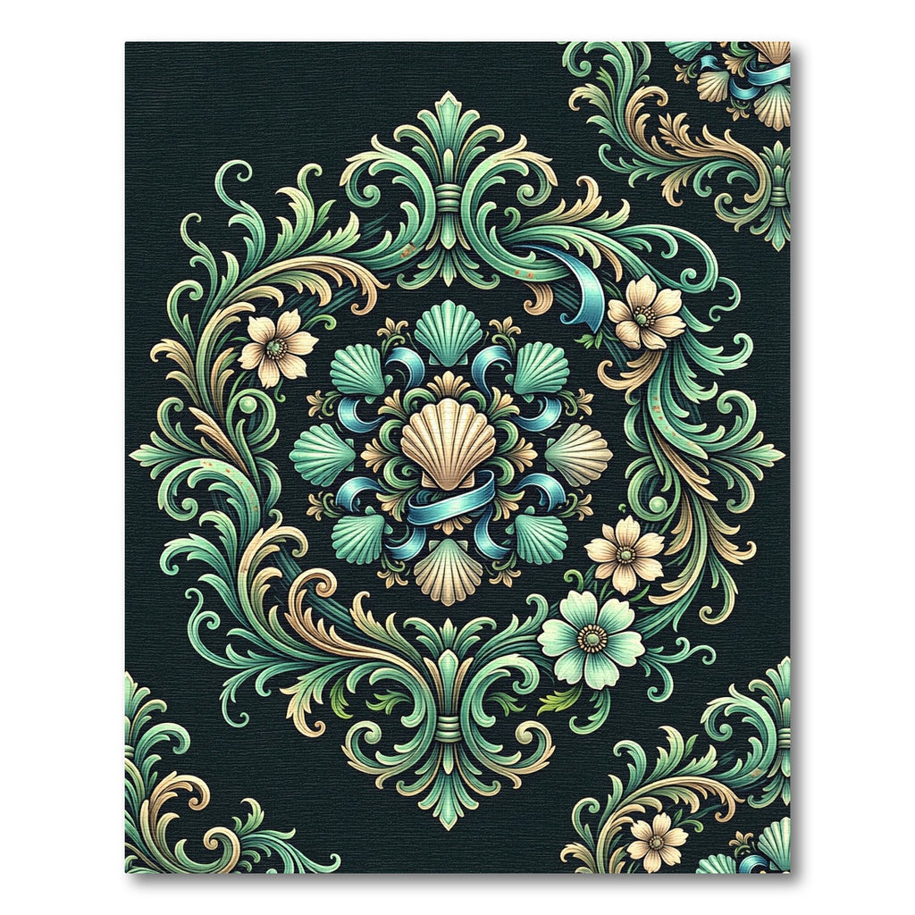 Elegant Mint Shell Swirl Damask Floral Rug