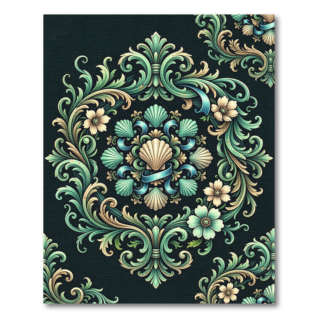 Elegant Mint Shell Swirl Damask Floral Rug