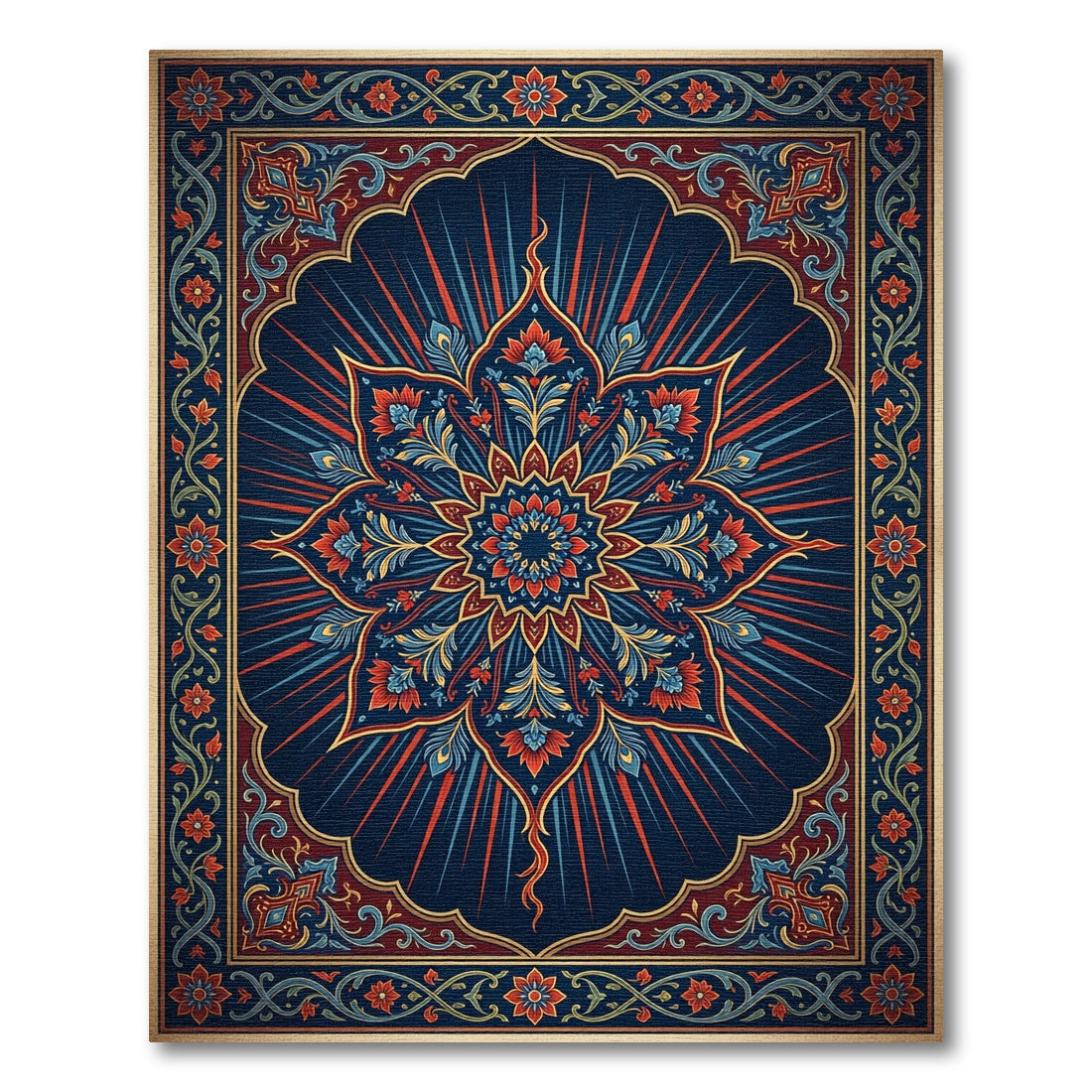 Ornate Blue Red Floral Radiating Medallion Rug
