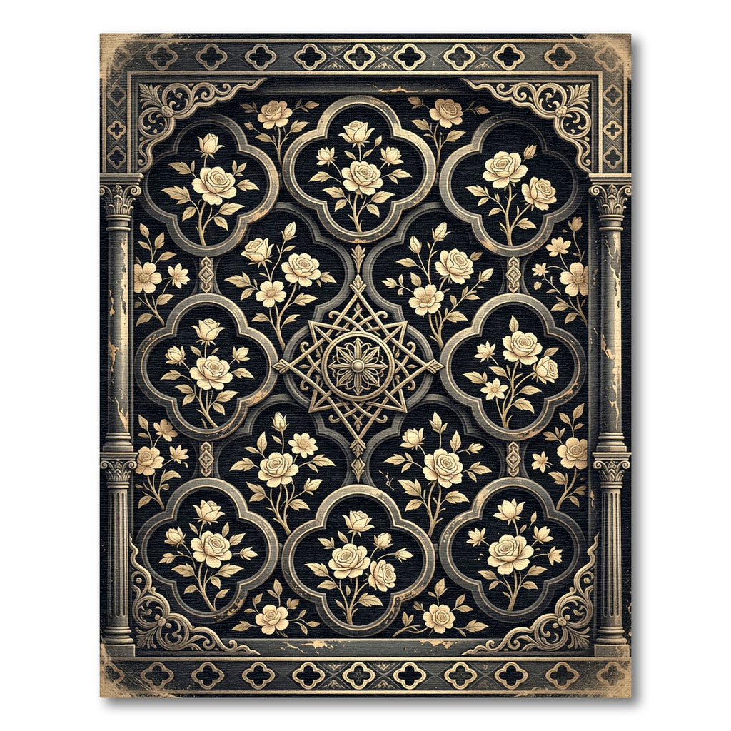 Ornate Gold Rose Damask Black Medallion Rug