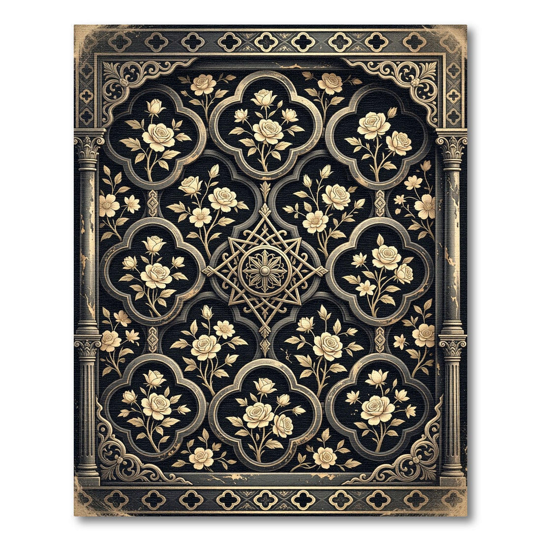 Ornate Gold Rose Damask Black Medallion Rug