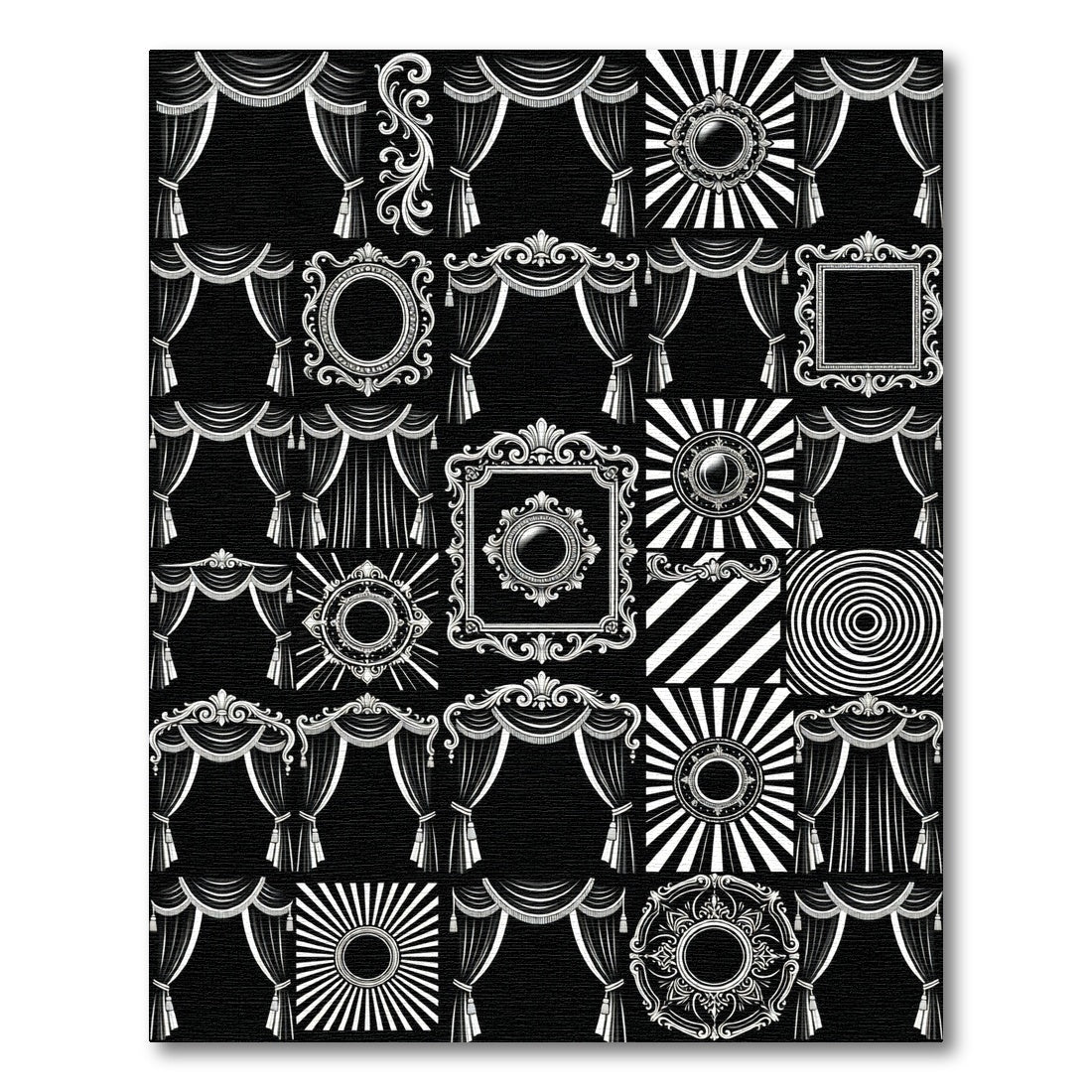 Ornate Swagged Drapes Sunburst Frame Rug