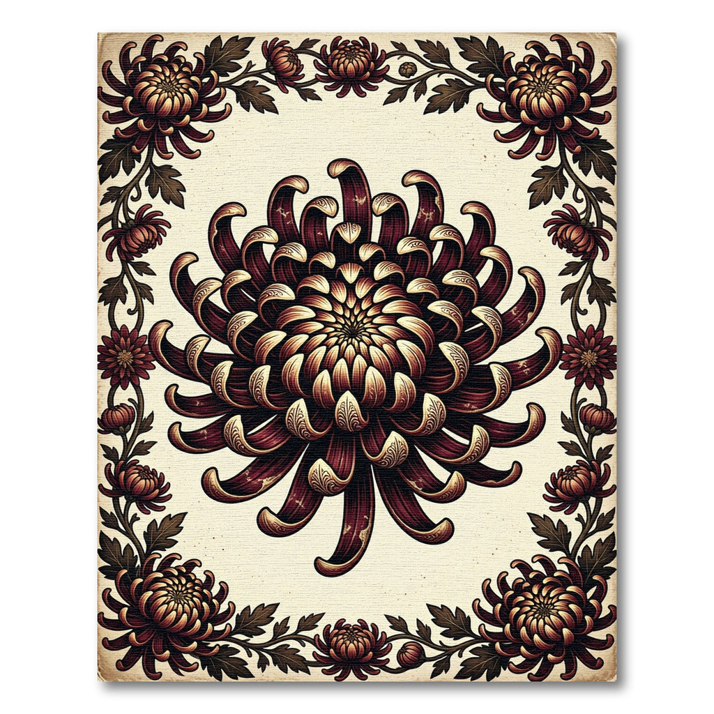 Dark Crimson Chrysanthemum Floral Ornate Rug