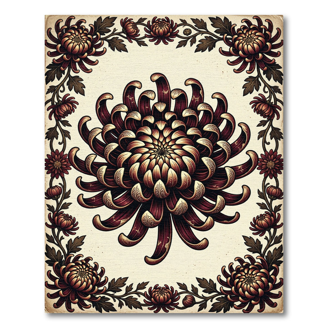Dark Crimson Chrysanthemum Floral Ornate Rug