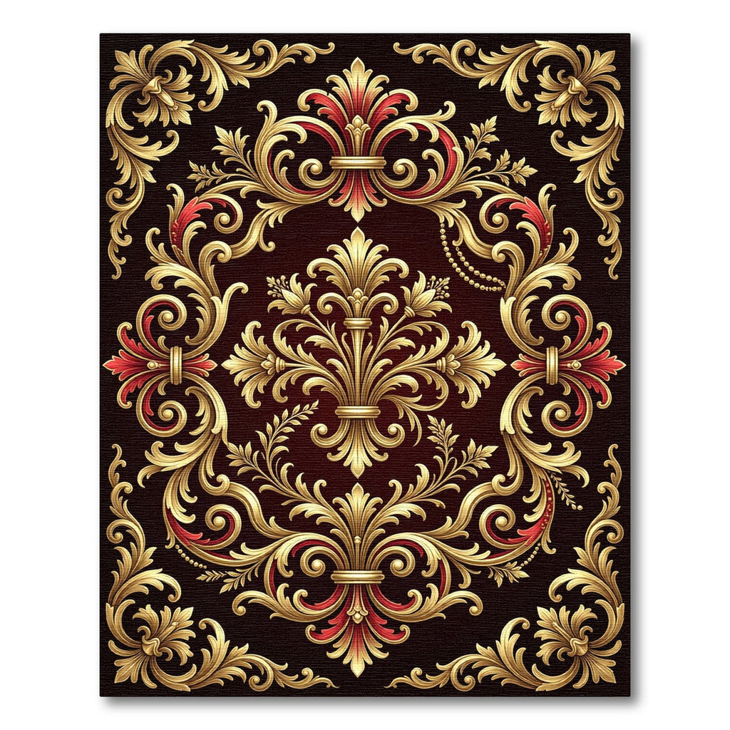 Ornate Gold Red Scrollwork Rug