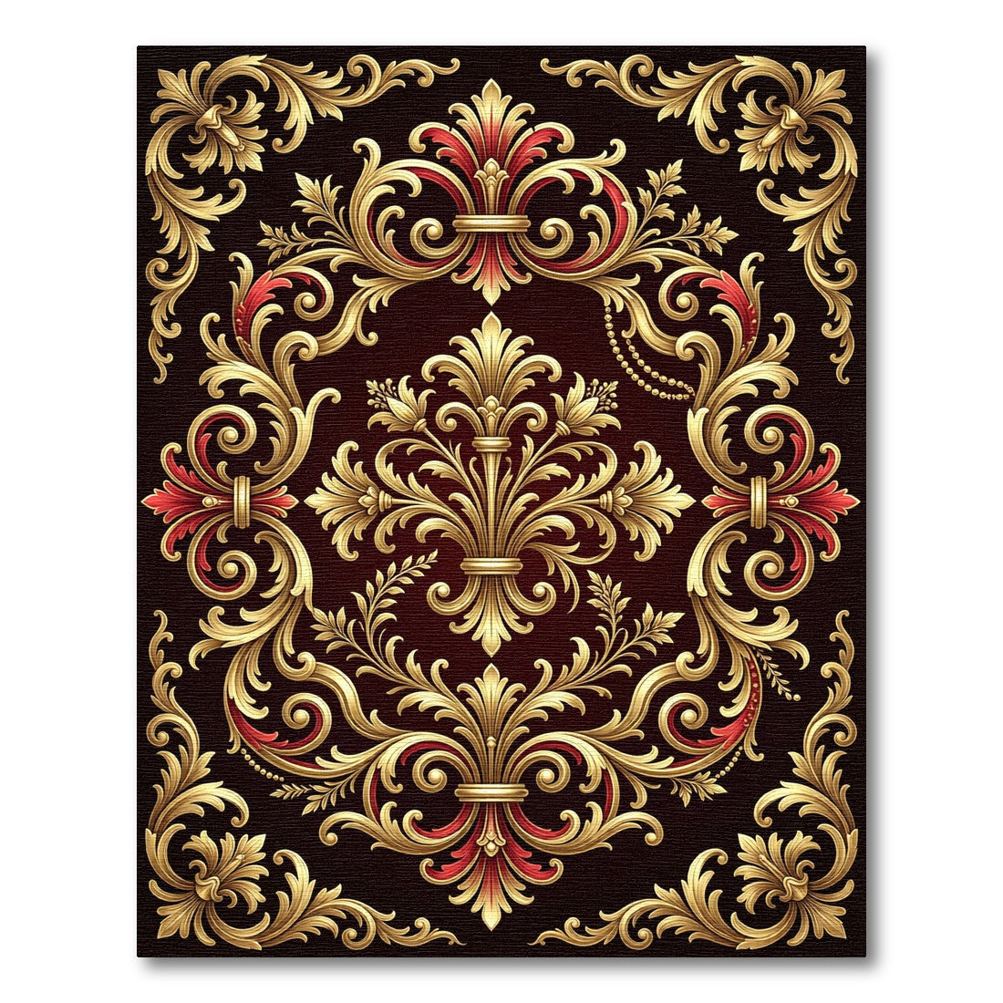 Ornate Gold Red Scrollwork Rug