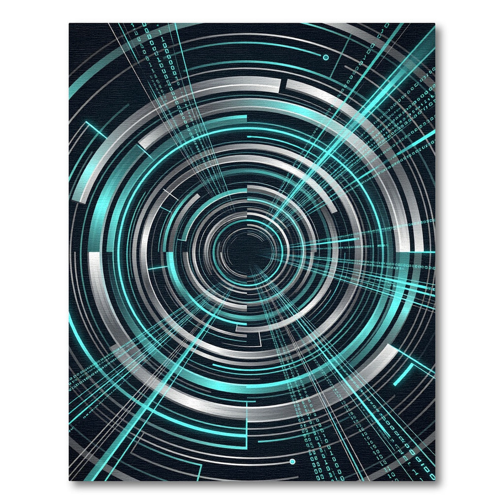 Futuristic Glowing Teal Concentric Cyber Circle Rug