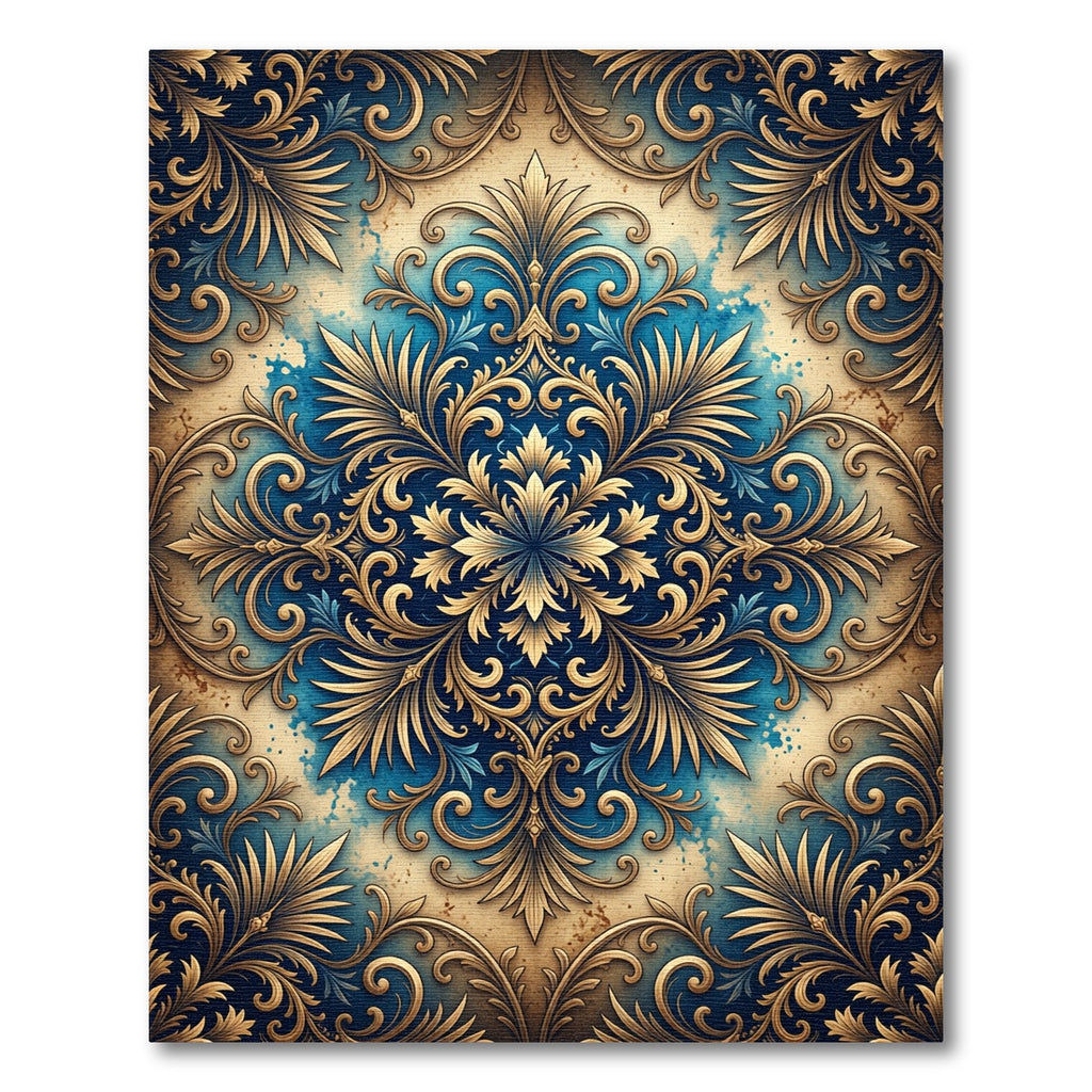 Gold Ornate Foliage Blue Damask Scroll Rug
