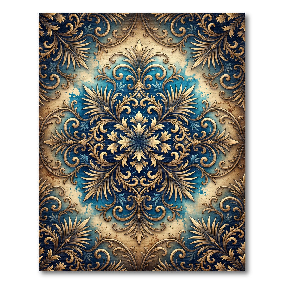 Gold Ornate Foliage Blue Damask Scroll Rug