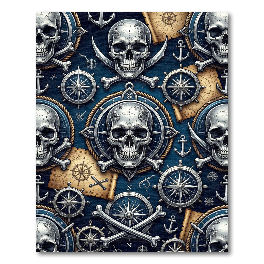 Navy Nautical Skull Compass Treasure Map Rug