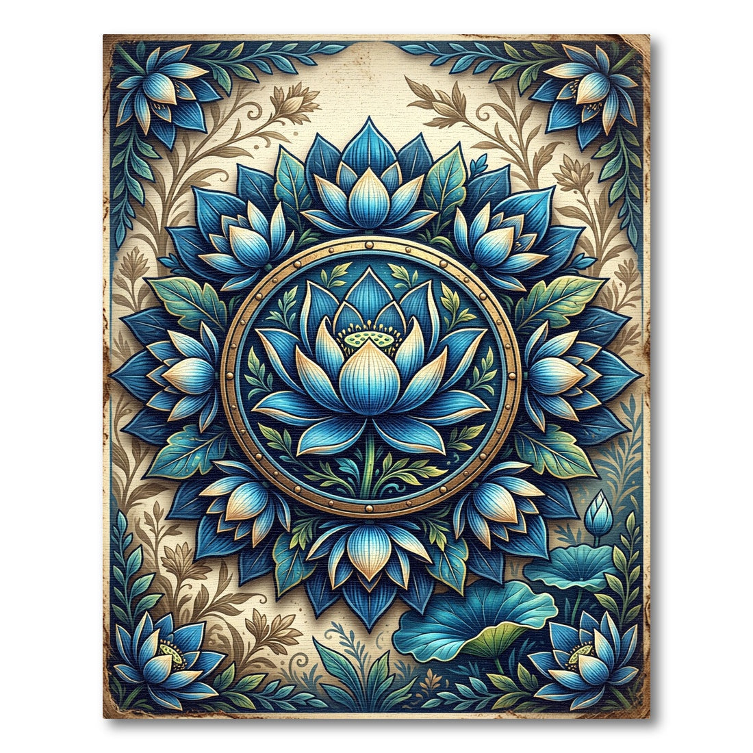 Blue Lotus Mandala with Golden Framing Rug