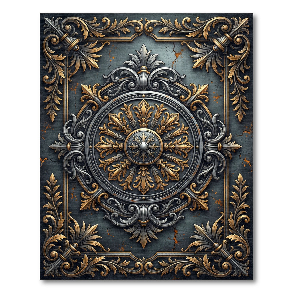 Ornate Gold Silver Victorian Medallion Rug