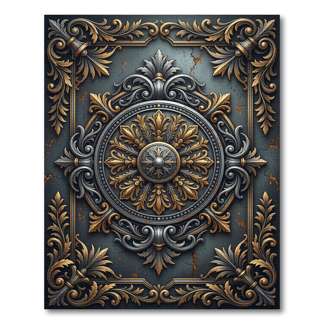 Ornate Gold Silver Victorian Medallion Rug