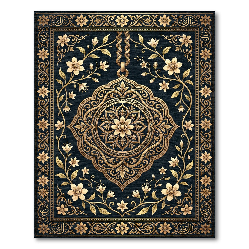 Elegant Golden Floral Medallion Black Rug