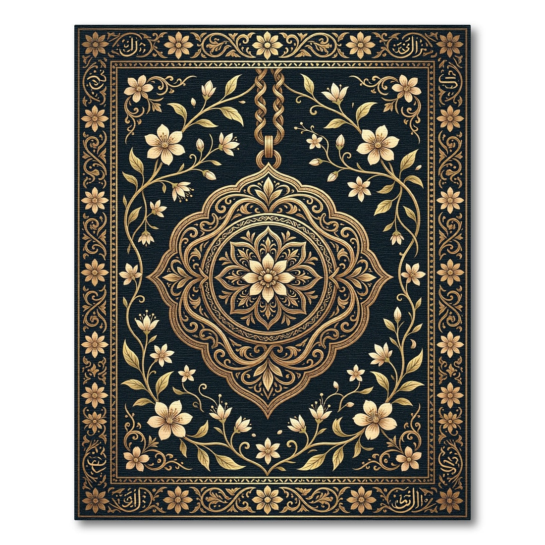 Elegant Golden Floral Medallion Black Rug