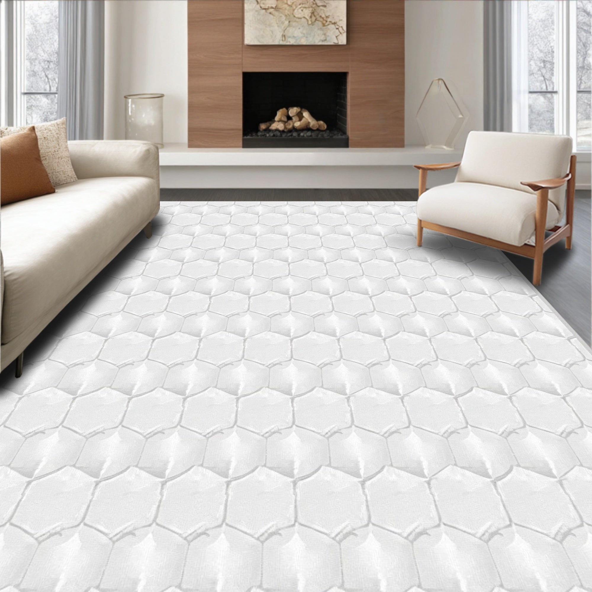 Geometric White Textured Hexagon Rug