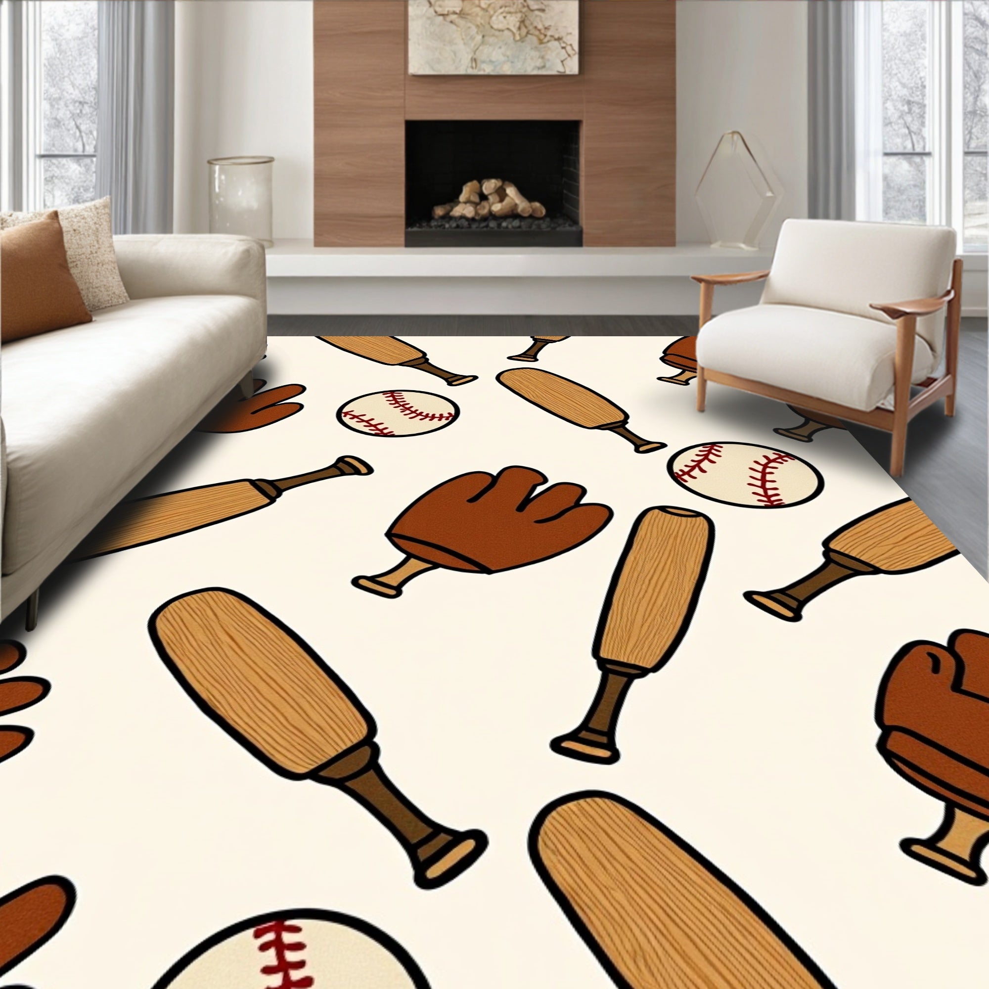 Brown Baseball Mitts Bats Balls Rug