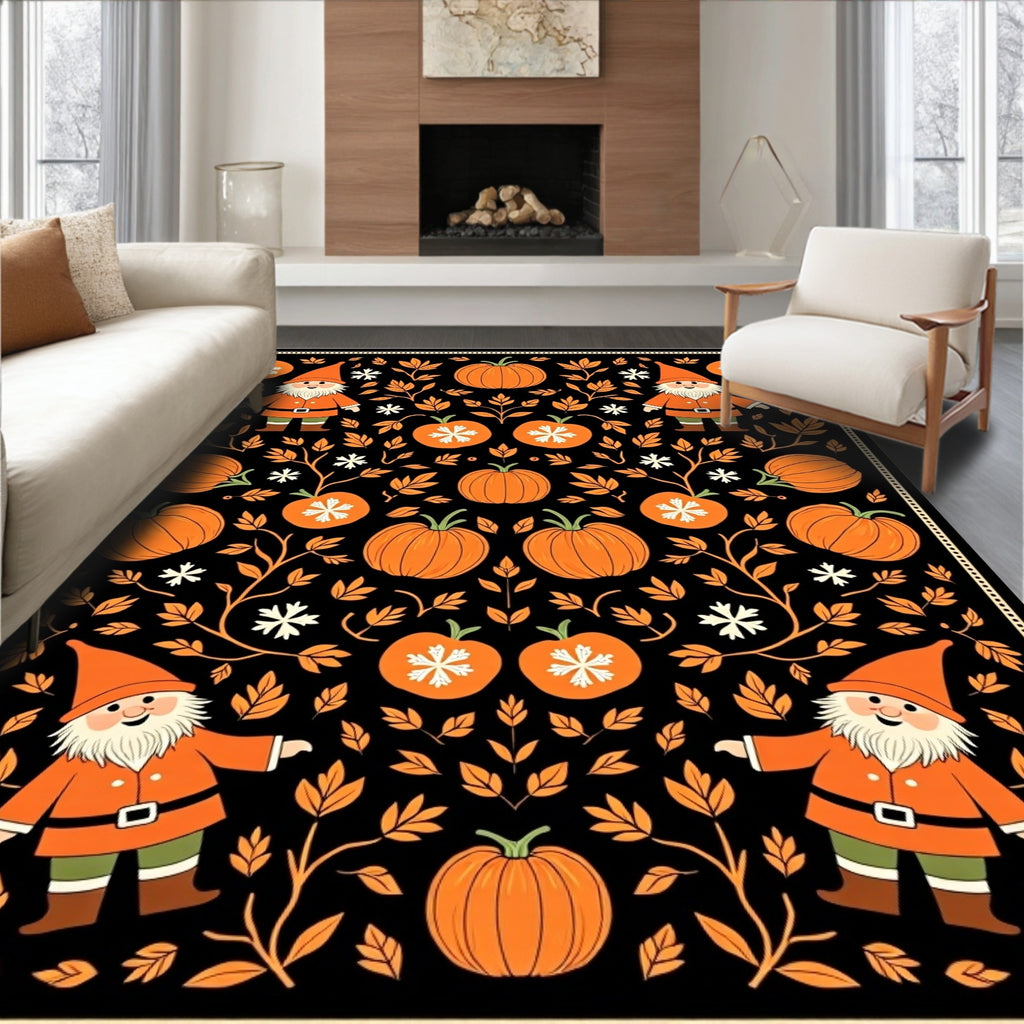 Whimsical Gnome Pumpkin Floral Black Rug