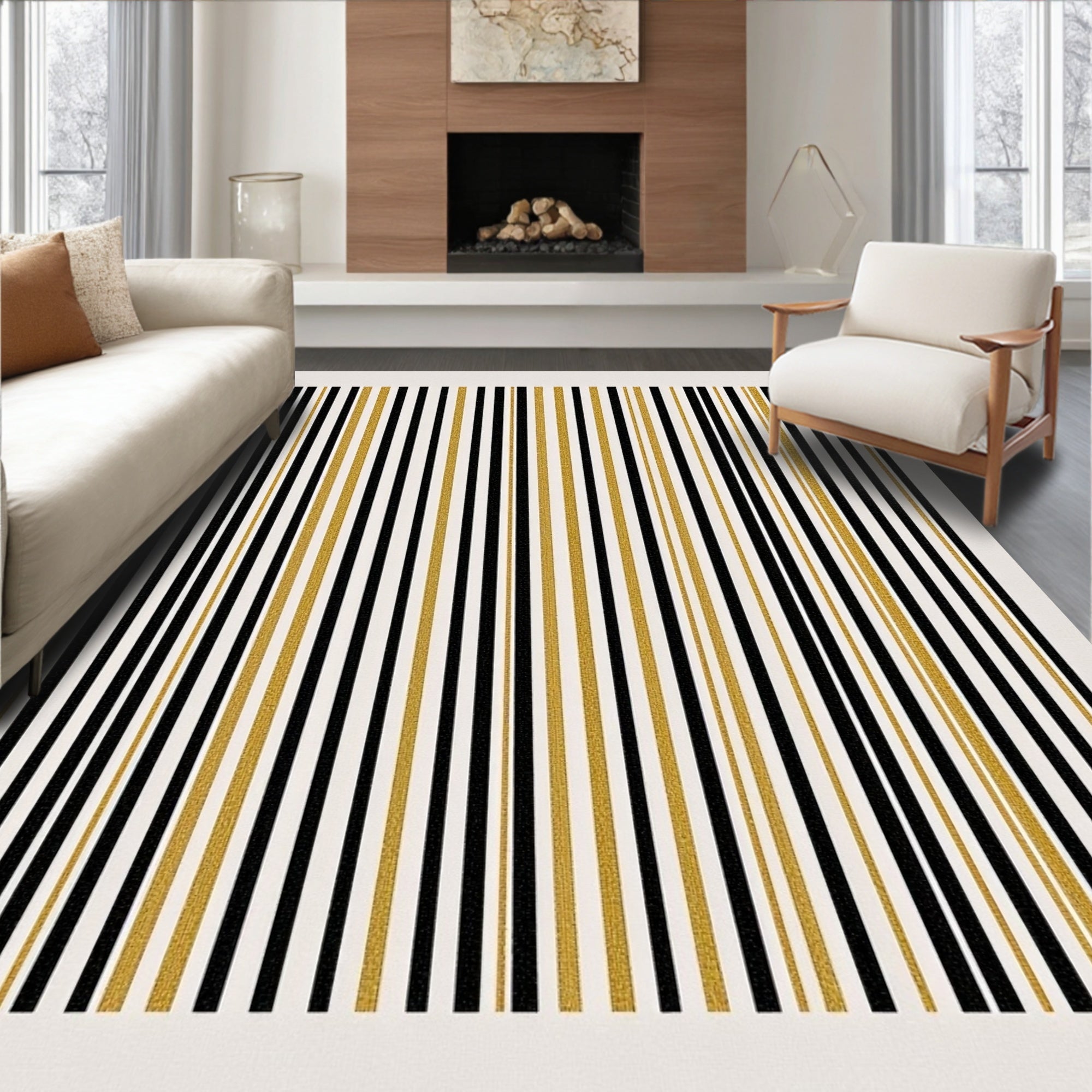 Glamorous Black Gold Vertical Stripe Rug
