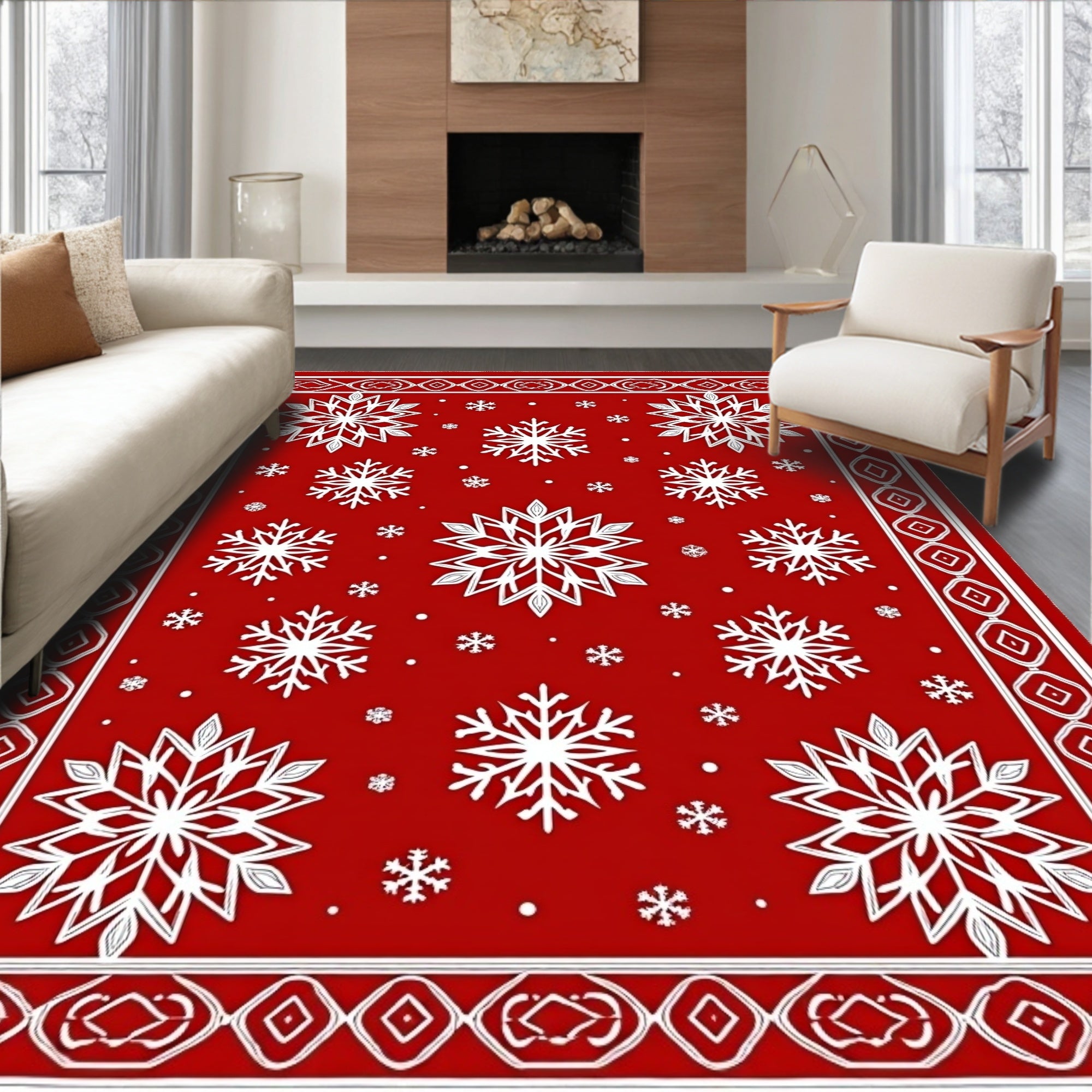 Festive Red Snowflake Scatter Rug