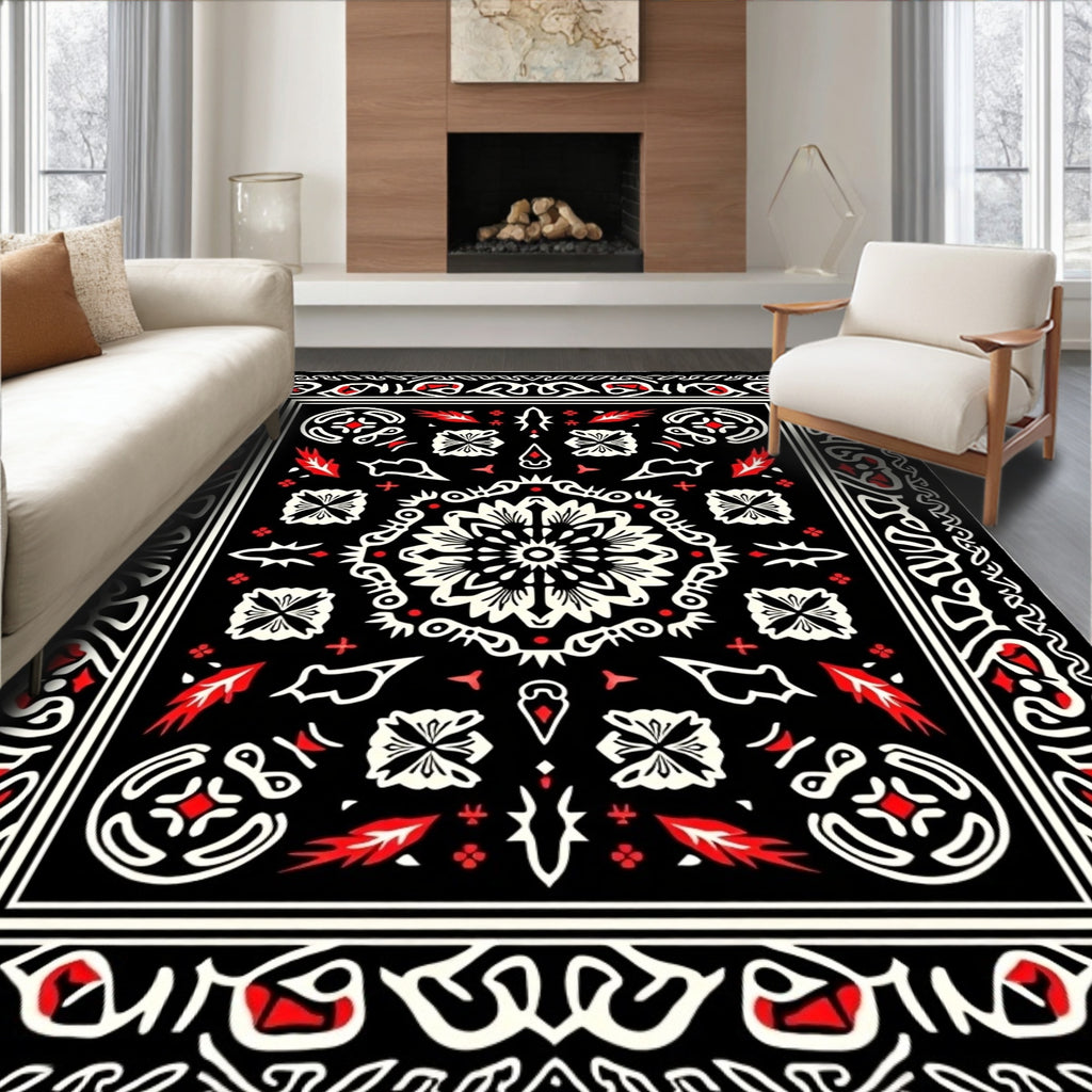Black Red White Floral Medallion Symmetry Rug