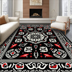 Black Red White Floral Medallion Symmetry Rug