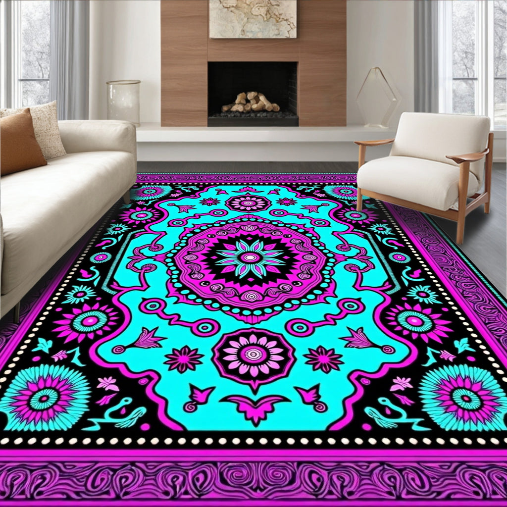 Vibrant Pink Turquoise Floral Medallion Frame Rug