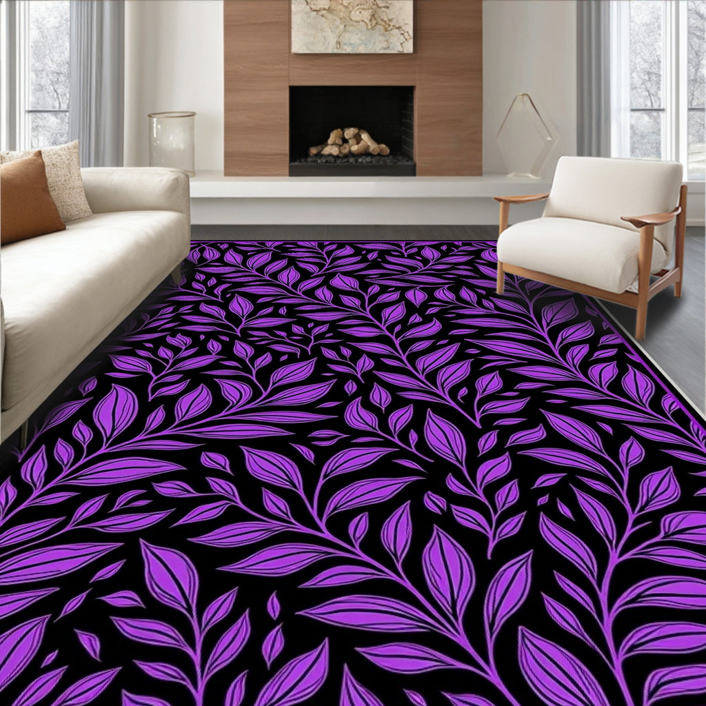 Vibrant Purple Leafy Branches Black Background Rug