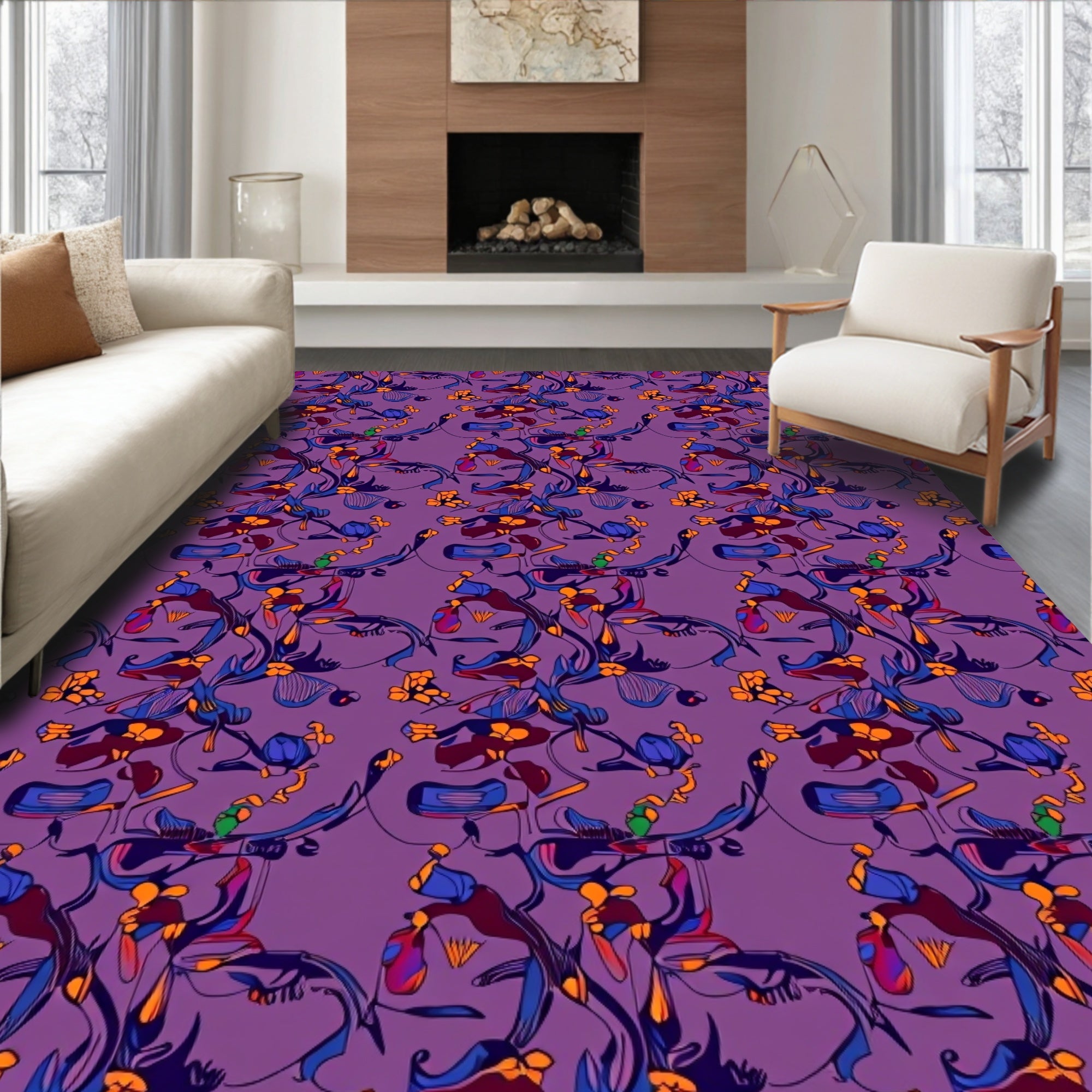Abstract Purple Whimsical Floral Swirl Rug