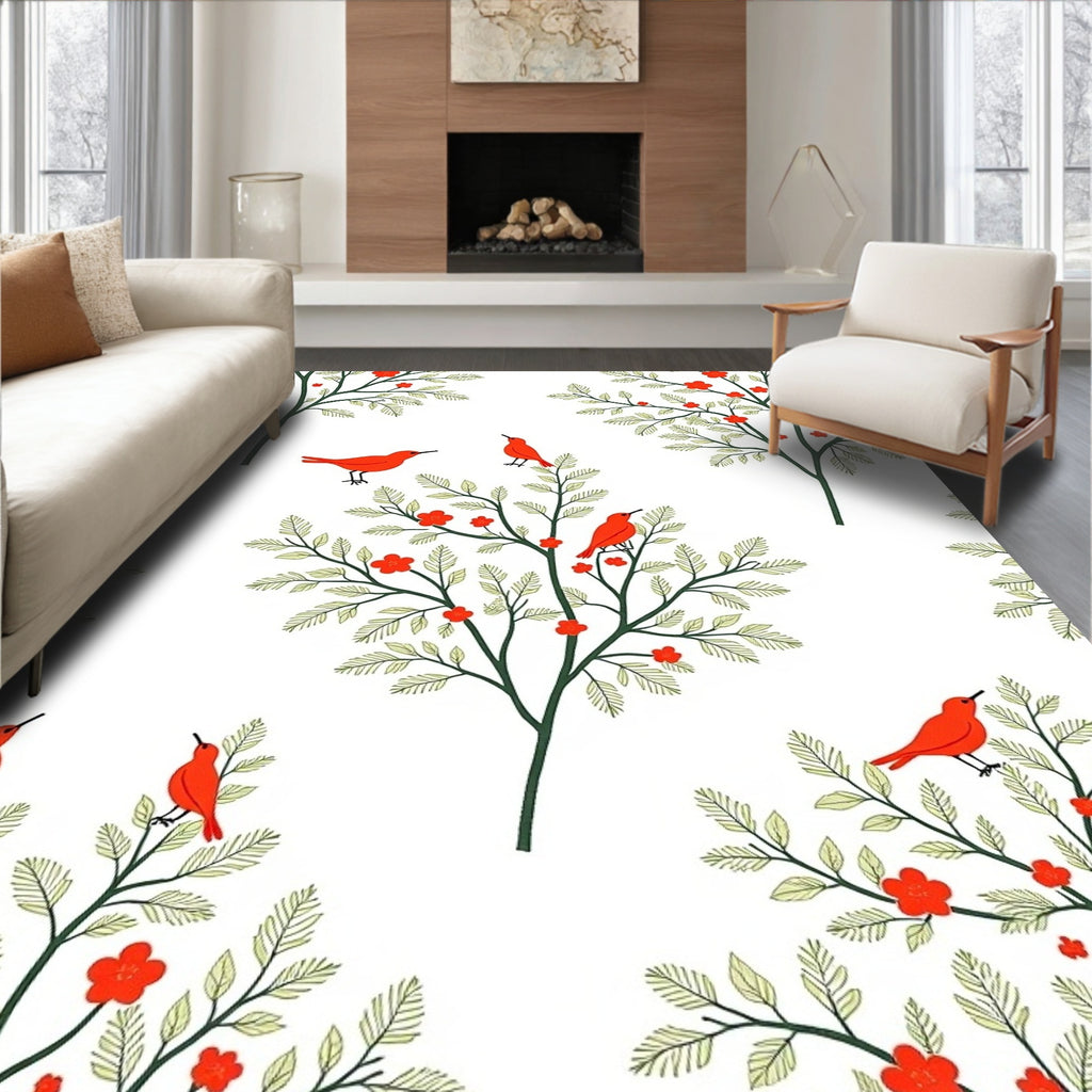 Vibrant Red Birds Green Tree Accents Rug