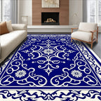 Royal Blue White Floral Arabesque Rug