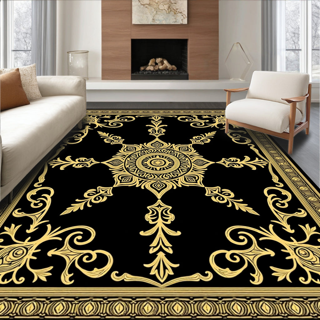 Golden Mandala Medallion Black Rug