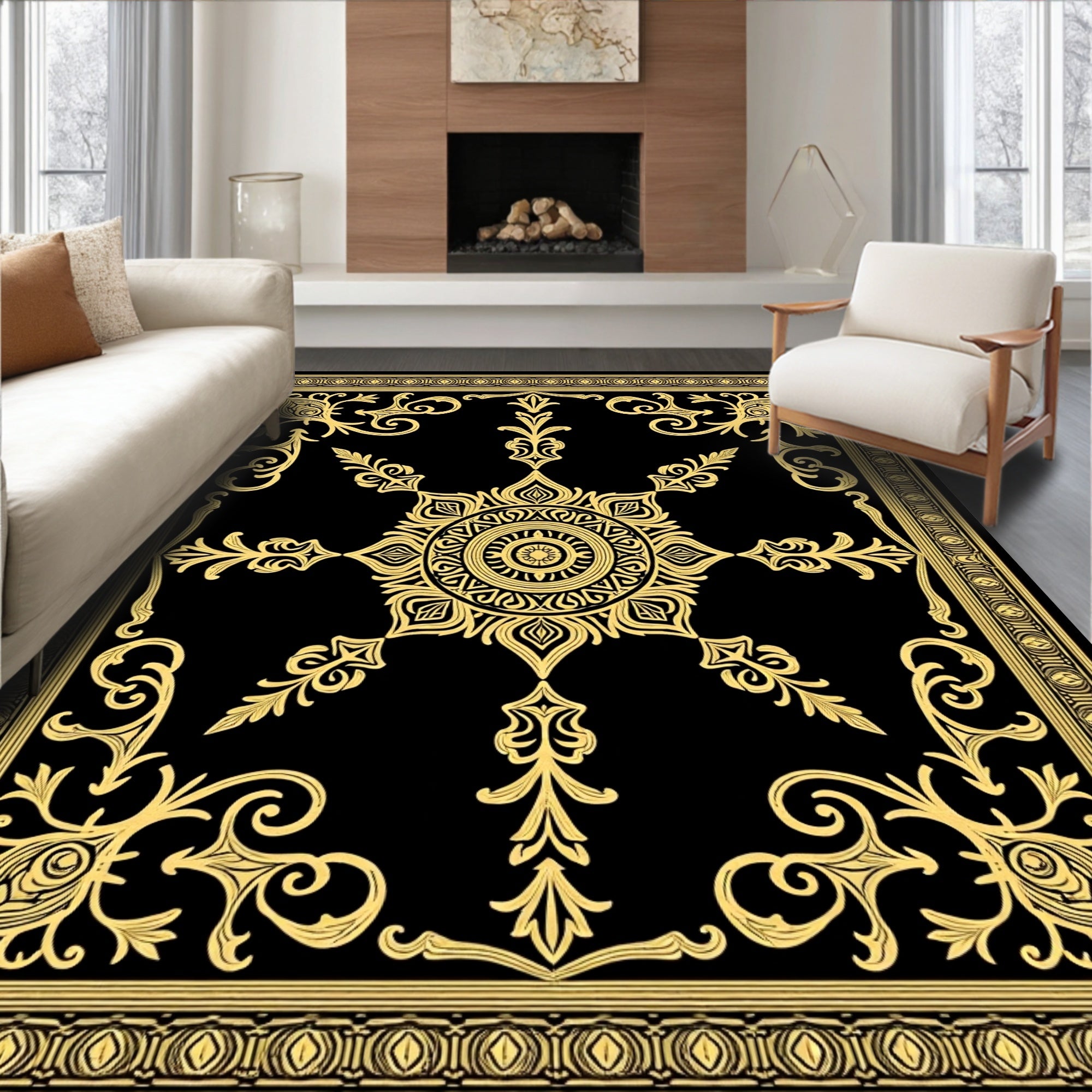 Golden Mandala Medallion Black Rug