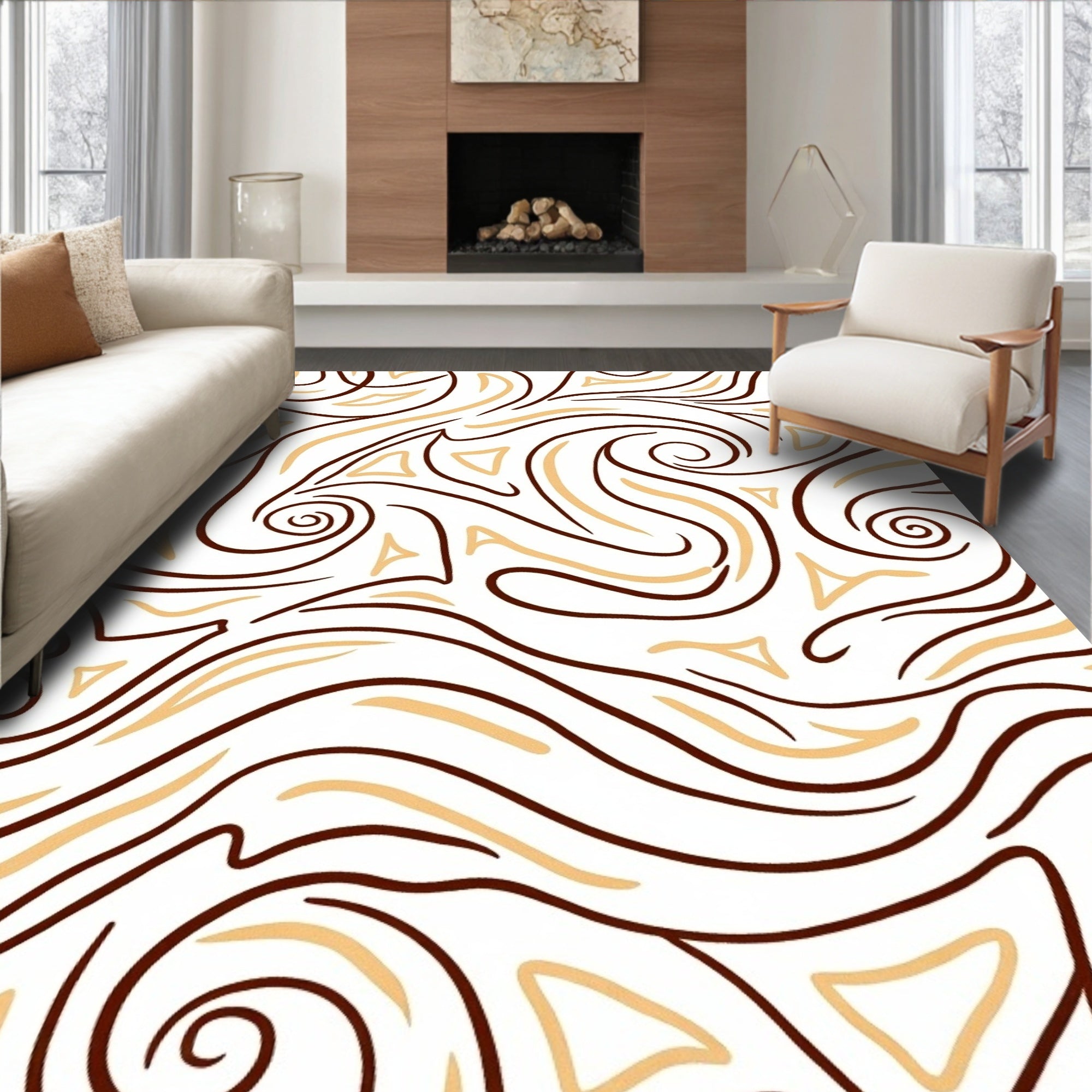 Swirling Waves Brown and Gold Rug