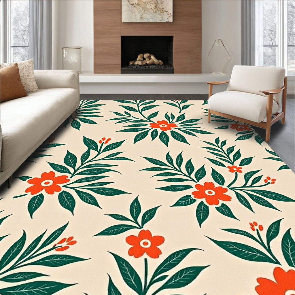 Whimsical Orange Floral Green Leaf Rug