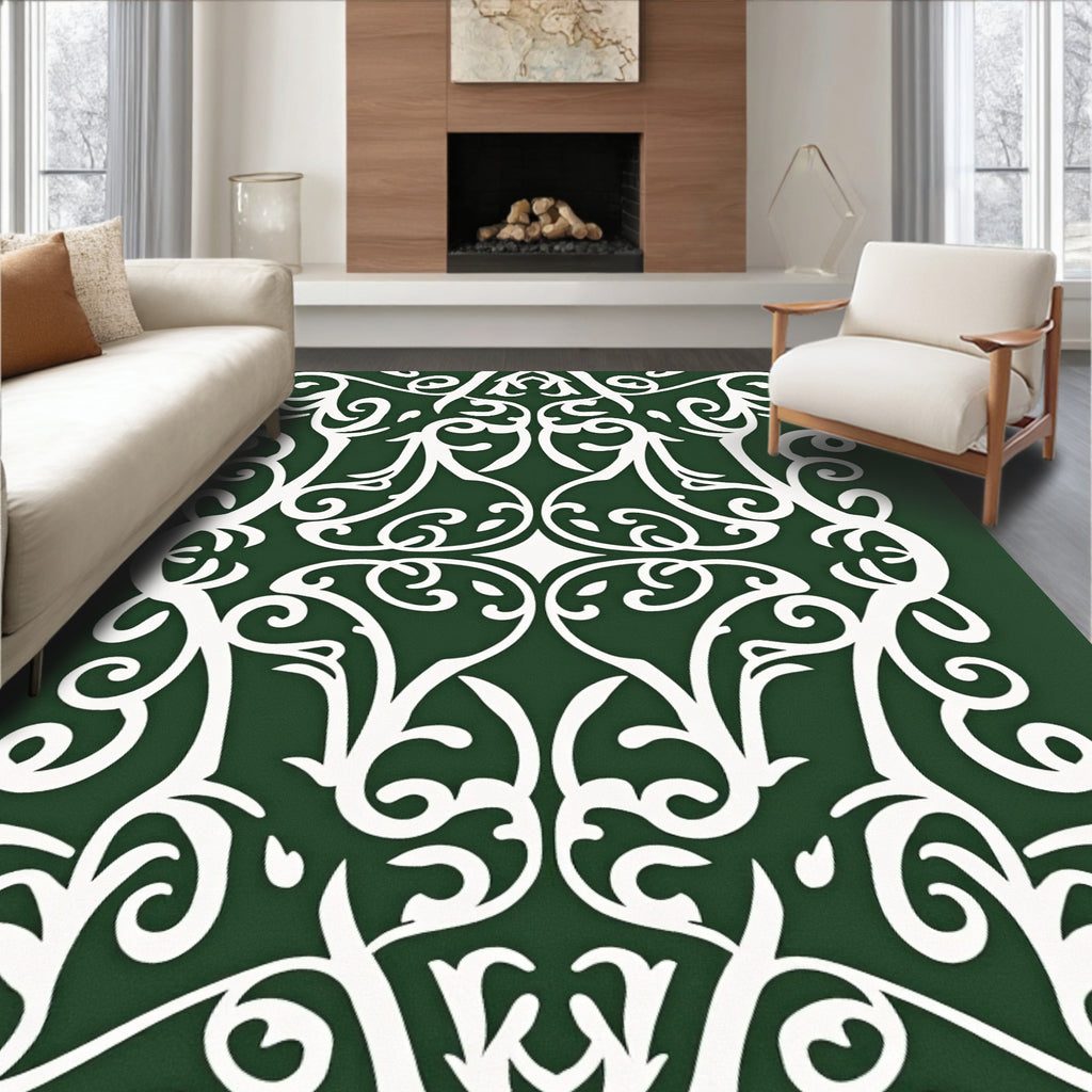 Emerald Green White Vintage Scroll Rug