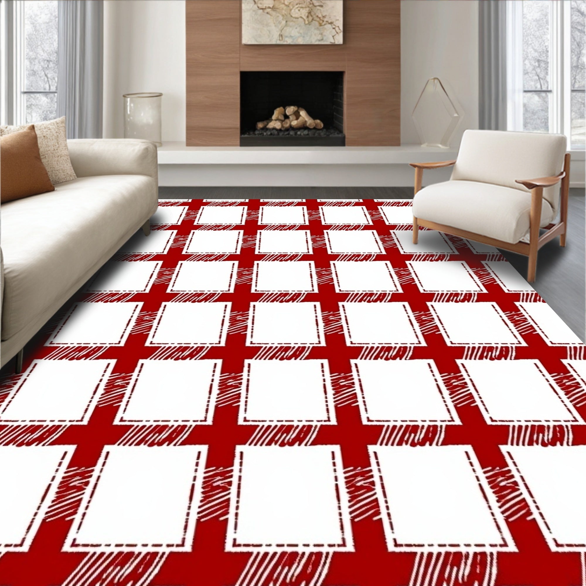 Red White Textured Plaid Squares Rug